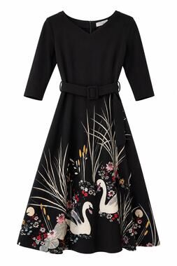 Man Hi Shang Swan Print Belted Fit & Flare Midi Dress Black Size M
